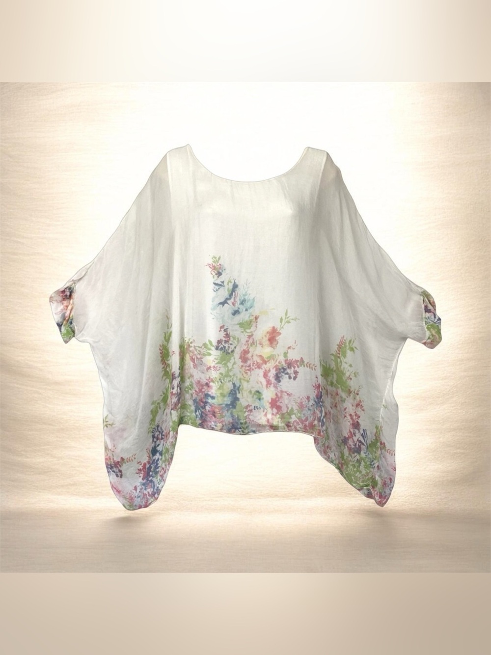 Elena Baldi White Tank w/Watercolor Floral Silk Overlay Made In Italy Sz L Artsy